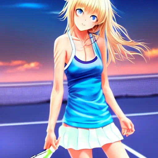 Image similar to a very beautiful young anime tennis girl, very angry, full body, long wavy blond hair, sky blue eyes, full round face, short smile, bikini, miniskirt, highly detailed, cinematic wallpaper by stanley artgerm lau