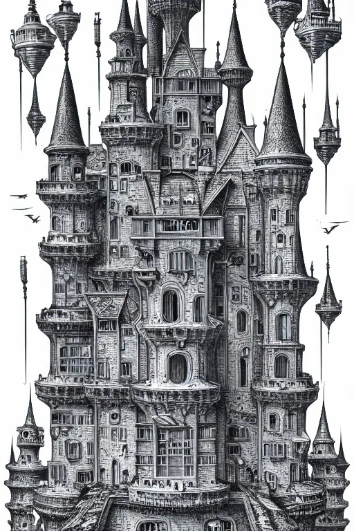 Image similar to a line drawing of a flying science fiction castle joe fenton, trending on artstation, realistic rendering