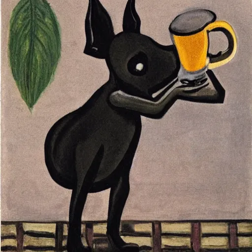 Image similar to a small black dog with big ears drinking beer by charles e. burchfield