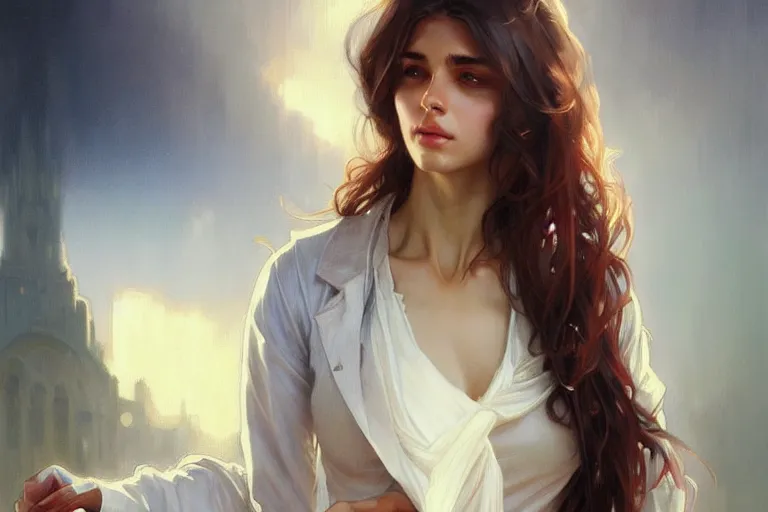 Prompt: Anxious pretty pale young arabian doctor wearing jeans at the airport, portrait, elegant, intricate, digital painting, artstation, concept art, smooth, sharp focus, illustration, art by artgerm and greg rutkowski and alphonse mucha