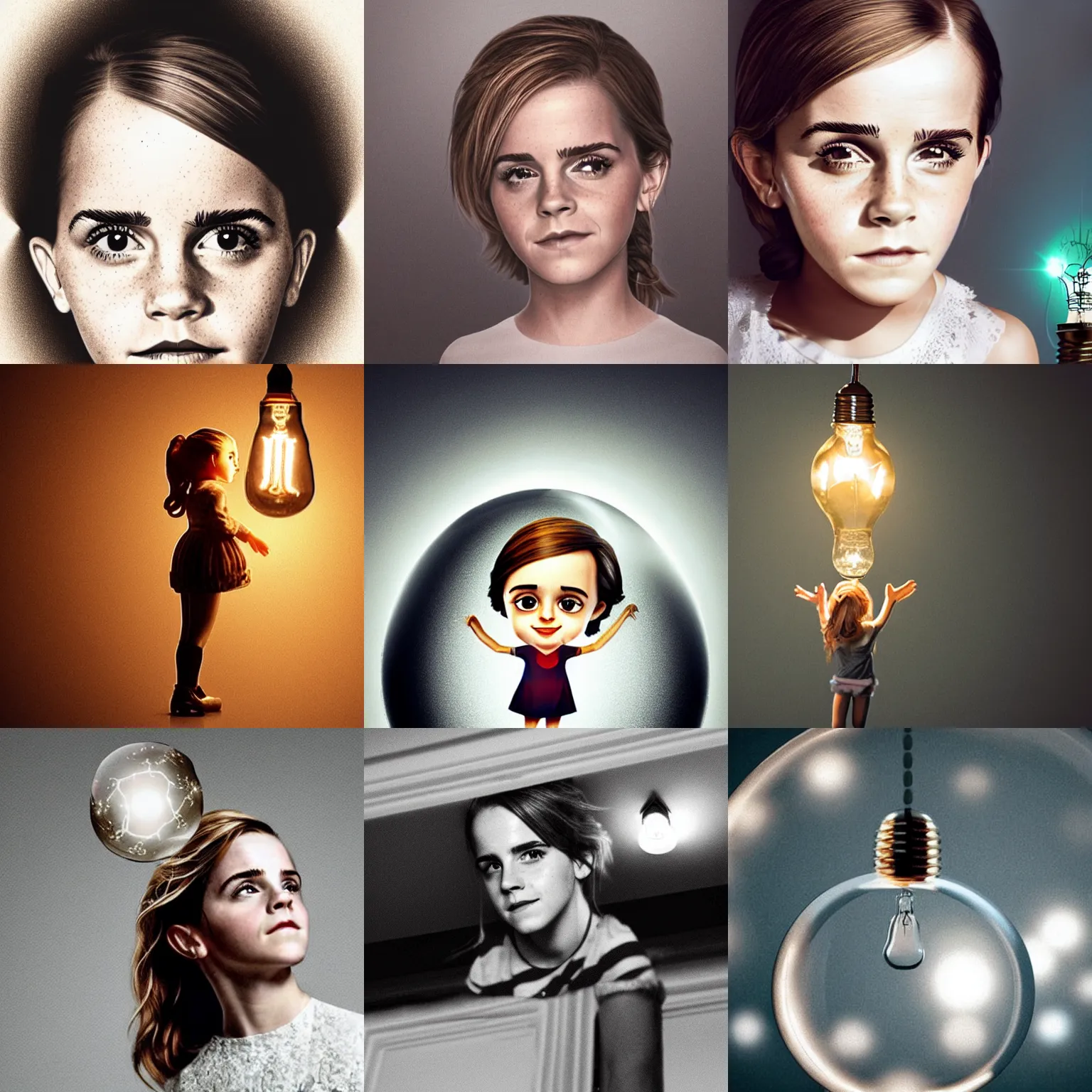 Prompt: a tiny emma watson trapped inside a light bulb, unable to escape