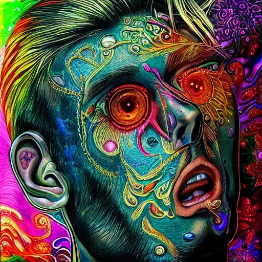 Prompt: an extremely psychedelic portrait of mgk, surreal, lsd, face, detailed, intricate, elegant, lithe, highly detailed, digital oth, sharp focus, illustration,