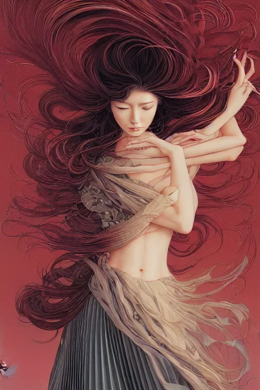 Image similar to beautiful portrait oil painting of a female, blush, pleated skirt, flowing hair, slim face, elegant, by yoichi hatakenaka, masamune shirow, josan gonzales and dan mumford, ayami kojima, takato yamamoto, barclay shaw, karol bak, yukito kishiro