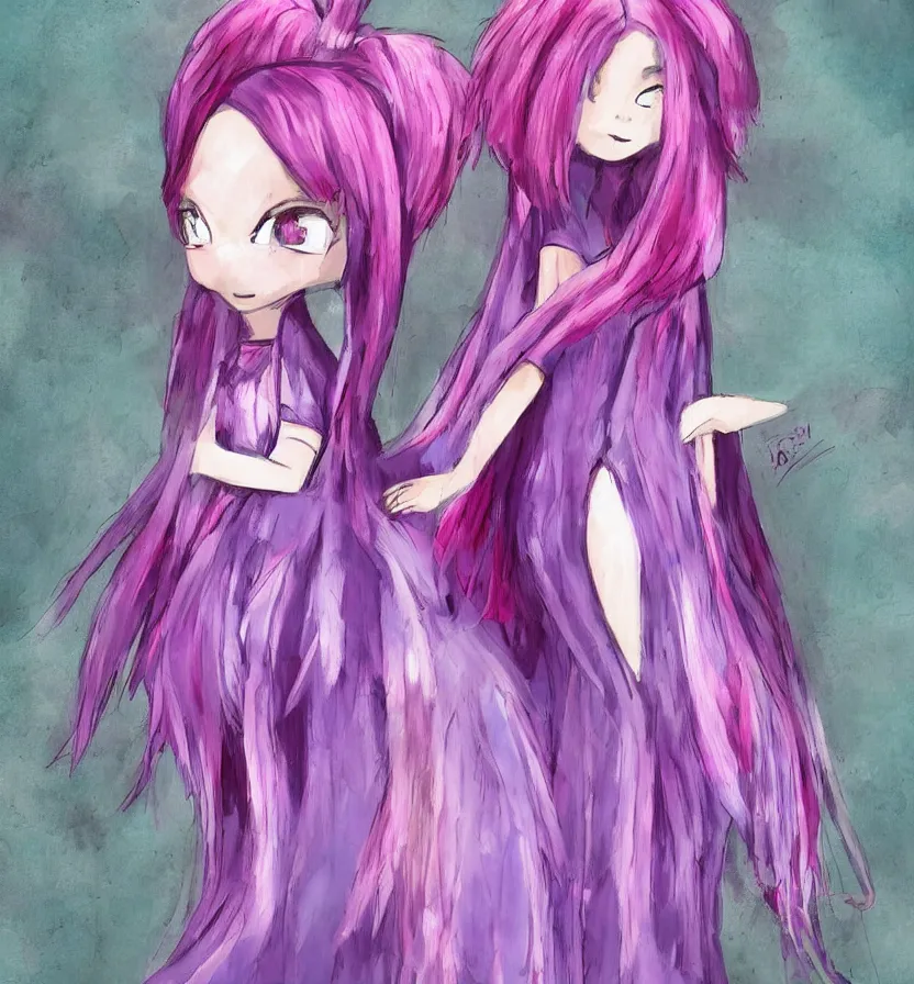 Image similar to little girl with eccentric pink hair wearing a dress made of purple feather, art by dcwj