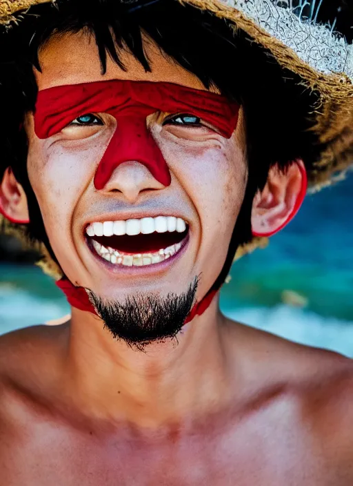 Prompt: A full portrait photo of real-life luffy one piece, f/22, 35mm, 2700K, lighting, perfect faces, award winning photography.