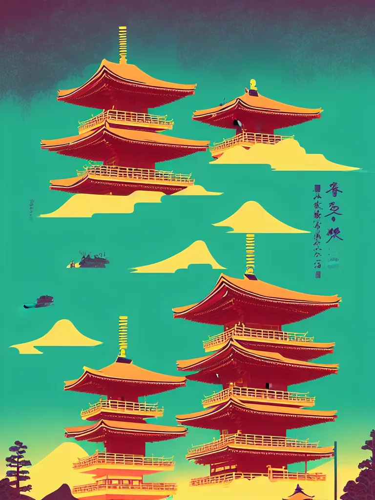 Prompt: a travel poster illustration depicting a japanese pagoda, vintage style, detailed illustration, digital painting, vector art, trending on artstration, by anton fadeev, by alena aenami
