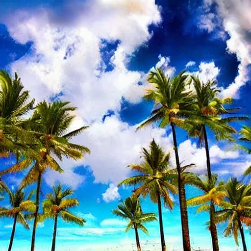 Prompt: Heaven Like place with beautiful clouds and palm trees