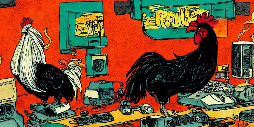 Prompt: 'black rooster'!!! smoking 'cannabis'!!!!!! in front of 'audio console'!!!! and 'multi monitors and projectors'!!!! 'in a hi-tech tv broadcasting studio with red camera rig'!!!!, artwork by James Gilleard