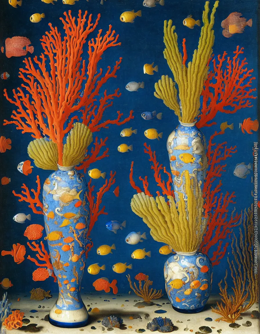 Prompt: bottle vase of coral under the sea decorated with a dense field of stylized scrolls that have opaque outlines enclosing mottled blue washes, with blue cobalt shells and yellow fishes, Ambrosius Bosschaert the Elder, oil on canvas, around the edges there are no objects