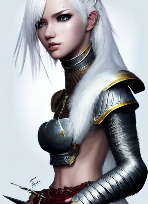 Image similar to warrior, fur leather armor!!! beautiful and elegant white hair female!! gorgeous ayes!! character concept art, sharp focus, octane render! unreal engine 5! highly rendered!! trending on artstation!! detailed linework!! illustration by artgerm, wlop, and chie yoshii