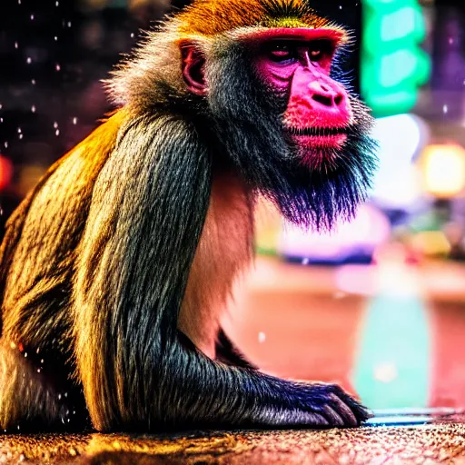 Image similar to a high quality low wide angle photo of a Mandrill monkey on the streets of a cyberpunk city, rainy, reflective ground, neon lights, realism, 8k