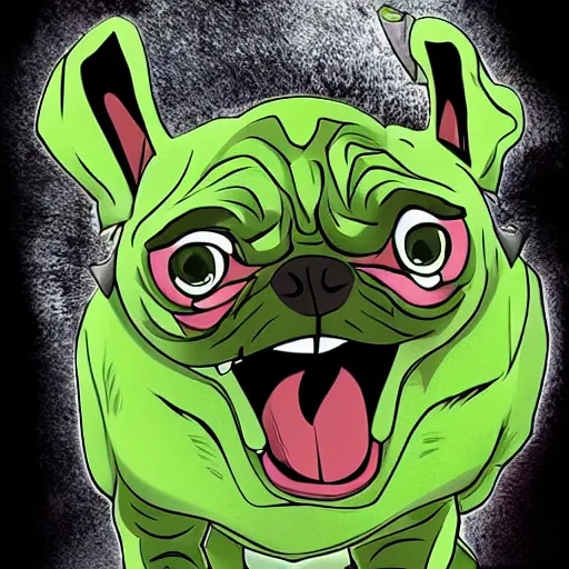 Image similar to pug dog turning into the Incredible Hulk, green skin, angry, torn clothes, marvel comics, cell animation, intricate detail,