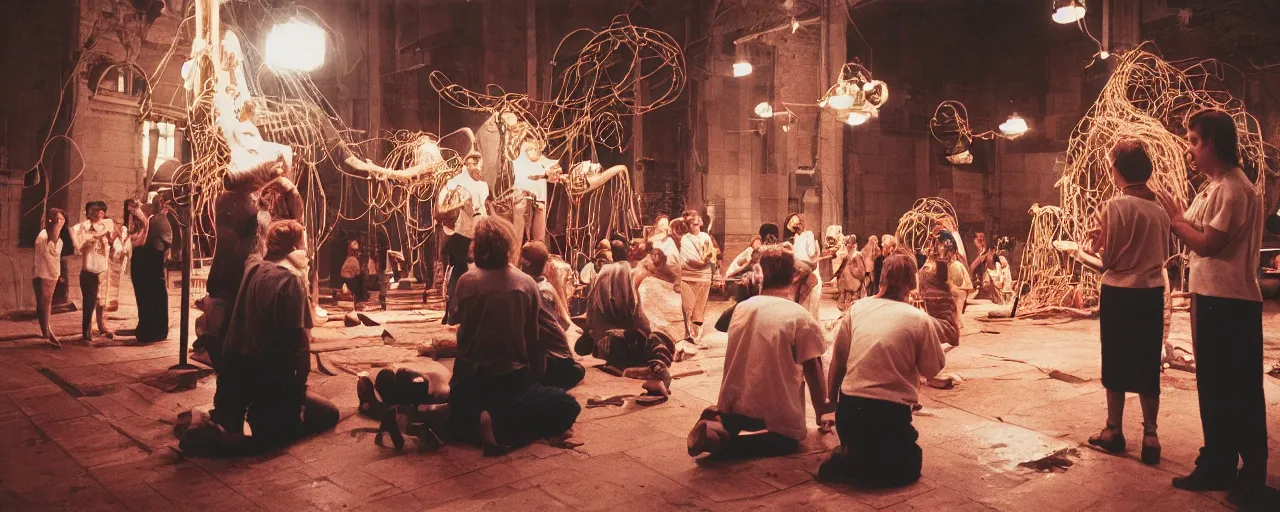 Image similar to a group of people praying to a giant spaghetti deity, canon 5 0 mm, cinematic lighting, photography, retro, film, kodachrome