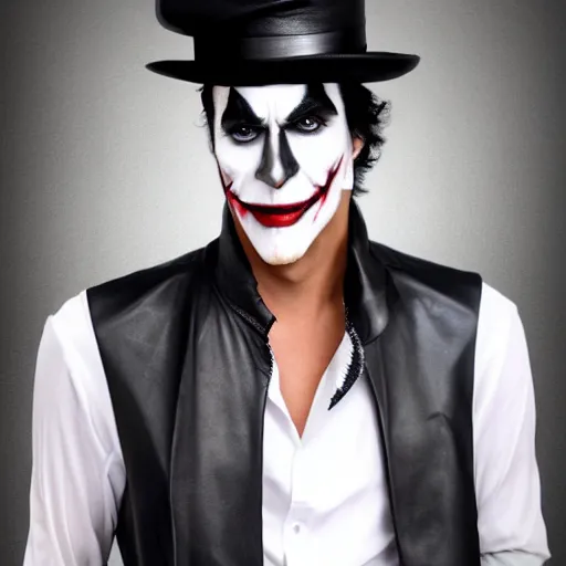 Image similar to a male model wearing a black leather hat in joker makeup, frontal view, cool looking