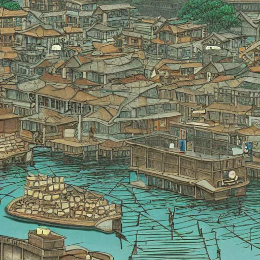 Image similar to japanese fishing town, japanese city, underground city, 2 0 0 1 anime, cel - shading, compact buildings, sepia sunshine