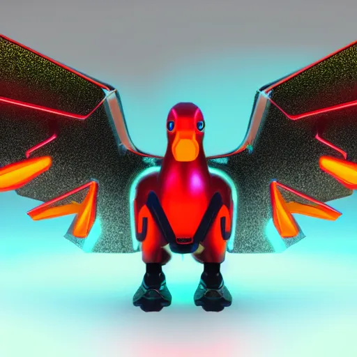 Prompt: a cybertronic duck, metallic, glowing, neon wings, sharp orange beak, unreal engine