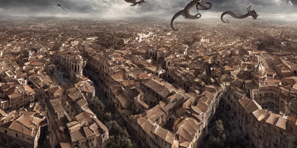 Prompt: the monumental city of caceres with a dragon flying over it, dramatic lighting, cinematic, extremly high detail, photorealistic, cinematic lighting, post processed, concept art, artstation, matte painting, style by greg rutkowsky