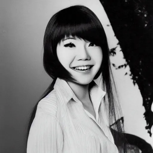 Image similar to 1 9 7 0 s record - album art of a young cute female japanese pop - idol who has yaeba slightly crooked teeth. high - quality high - resolution scanned image.