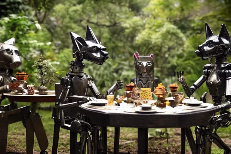 Image similar to film still from the movie chappie of the robot chappie shiny metal outdoor park plants garden scene bokeh depth of field several figures sitting down at a table having a grand victorian tea party furry anthro anthropomorphic stylized cat ears wolf muzzle head android service droid robot machine fursona