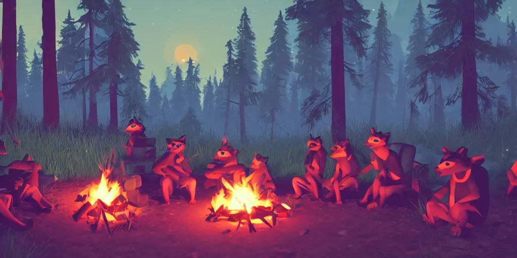 Prompt: a group of racoons sitting around a campfire in the middle of the forest, surrounded by fireflies. Firewatch style