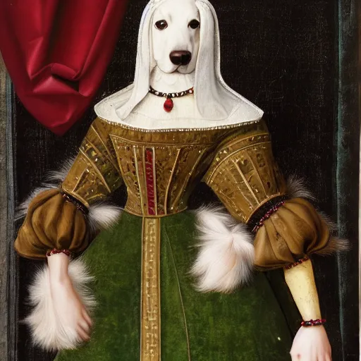 Image similar to a dog in a dress during the Renaissance