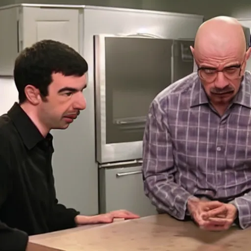 Image similar to Nathan Fielder helps Walter White with his struggling business, tv show screencap, 1080p