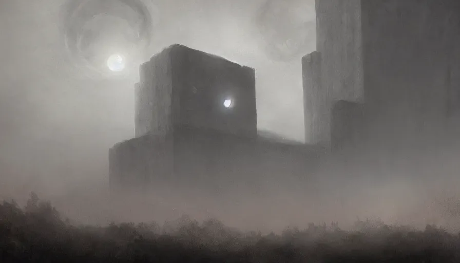 Prompt: an old brutalist building rising up from the mist at night silhouetted by a huge bloodmoon, by Noah Bradley, thomas kincade, Darek Zabrocki, brutalist, James Paick, Natasha Tan, highly detailed, ultra detailed, ultra realistic, trending on artstation, lava, dungeons and dragons, spooky, haunted, geiger