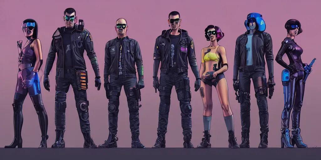 Image similar to cyberpunk police squad. portrait by stonehouse and mœbius and will eisner and gil elvgren and pixar. character design. realistic proportions. dystopian. cyberpunk 2 0 7 7 character art, blade runner 2 0 4 9 concept art. cel shading. attractive face. thick lines. hi def 4 k. the team. detailed interesting characters. realistic faces.