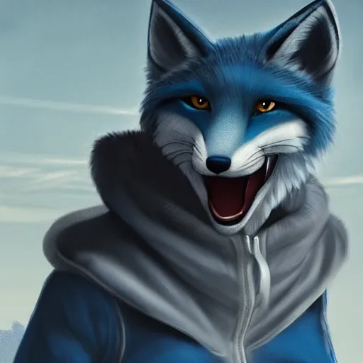 Prompt: anthropomorphic male blue fox furry fursona with handsome eyes, wearing a white hoodie, dramatic action movie poster, realistic hdr