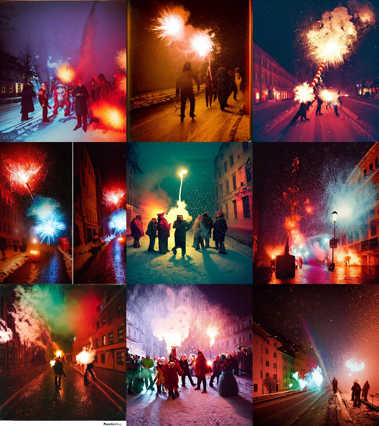 Image similar to kodak portra 4 0 0, wetplate, winter, snowflakes, rainbow coloured rockets, chaos, glitter tornados, award winning dynamic photo of a bunch of hazardous krampus between exploding fire barrels by robert capas, motion blur, in a narrow lane in salzburg at night with colourful pyro fireworks and torches, teal lights