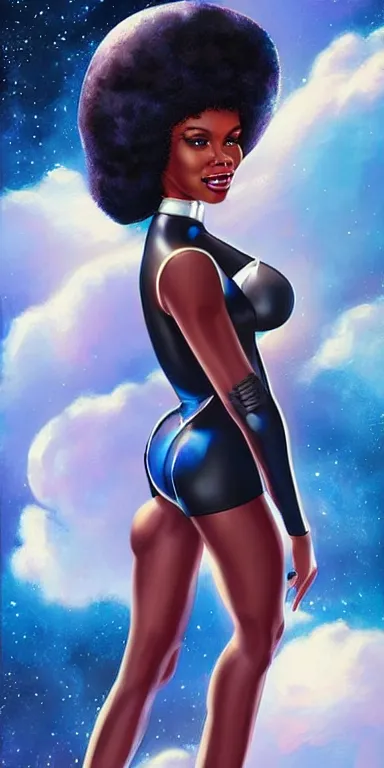 Image similar to full body shot of black woman in an astronaut suit with a celestial afro, pin-up style by Artgerm, realist, trending on artstation