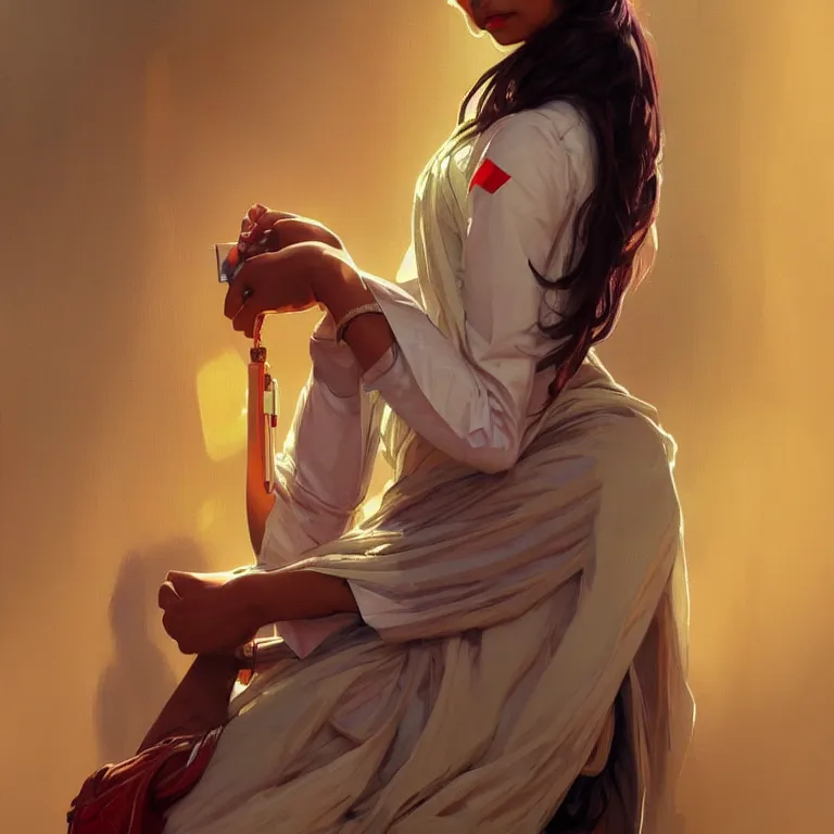 Image similar to Anxious pretty young Indian doctor in modern clothes waiting at the airport, portrait, sci-fi face, elegant, highly detailed, digital painting, artstation, concept art, smooth, sharp focus, illustration, art by artgerm and greg rutkowski and alphonse mucha