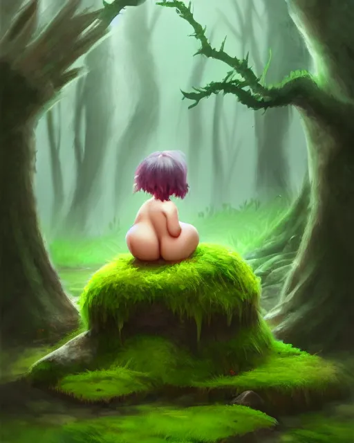 Image similar to concept art for a cute thicc moss creature, sitting in a shallow swamp, fog, full body artwork, full background | | epic - fine - clean, polished, trending on artstation, brush strokes