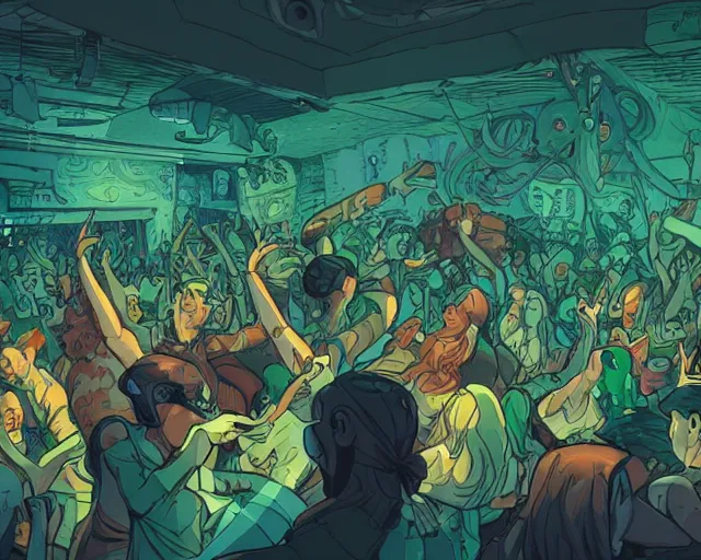 Image similar to a study of cell shaded cartoon of elves raving in a nightclub, illustration, wide shot, subtle colors, post grunge, concept art by josan gonzales and wlop, by james jean, Victo ngai, David Rubín, Mike Mignola, Laurie Greasley, highly detailed, sharp focus, alien, Trending on Artstation, HQ, deviantart, art by artgem