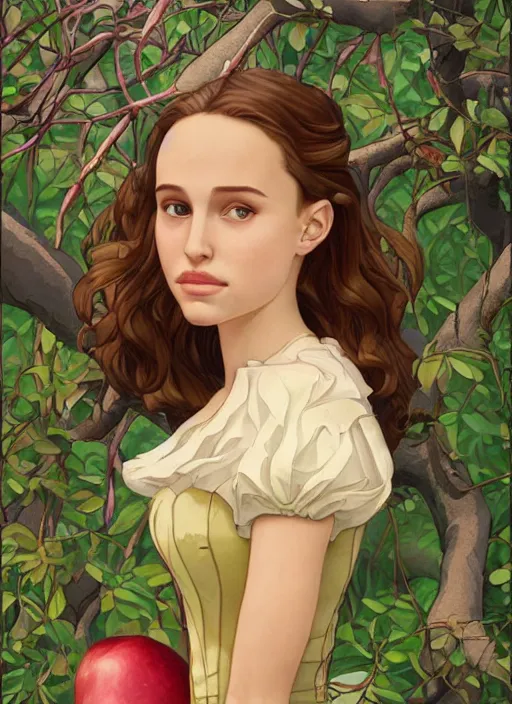 Image similar to well - lit art nouveau portrait of a 1 3 - year old girl wih resembles natalie portman and emily browning looking distressed under an apple tree, natural lighting, path traced, highly detailed, high quality, cartoon, digital painting, by don bluth and ross tran and studio ghibli