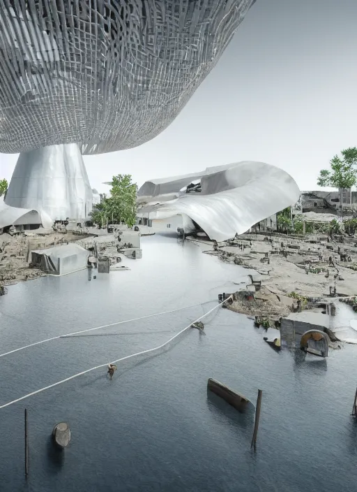 Image similar to virtual art exhibition, architecture installation in biennale venezia, bioremediation white mining tailing futuristic horizontal architecture, epic, cinematic, hyperealistic, high detailed, corona render, hdr, ray tracing