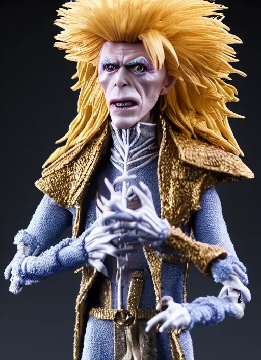 Image similar to product photography of a claymation action figure david bowie as jareth the goblin king, labyrinth depth of field, zeiss lens, detailed, centered, by jim henson, erwin olaf, joop geesink, breathtaking, 8 k resolution, extremely detailed, beautiful, establishing shot, hyperrealistic