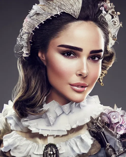 Image similar to Olivia Culpo as milady de winter, styling by Tom Eerebout & Sandra Amador, clear makeup, clean hair, dry skin, clear skin, airbrushed, bright eye makeup, warrior body, photo by mario testino, 8k octane render, cinematic, hyper detailed, micro details, insanely detailed, trending on artstation, concept art