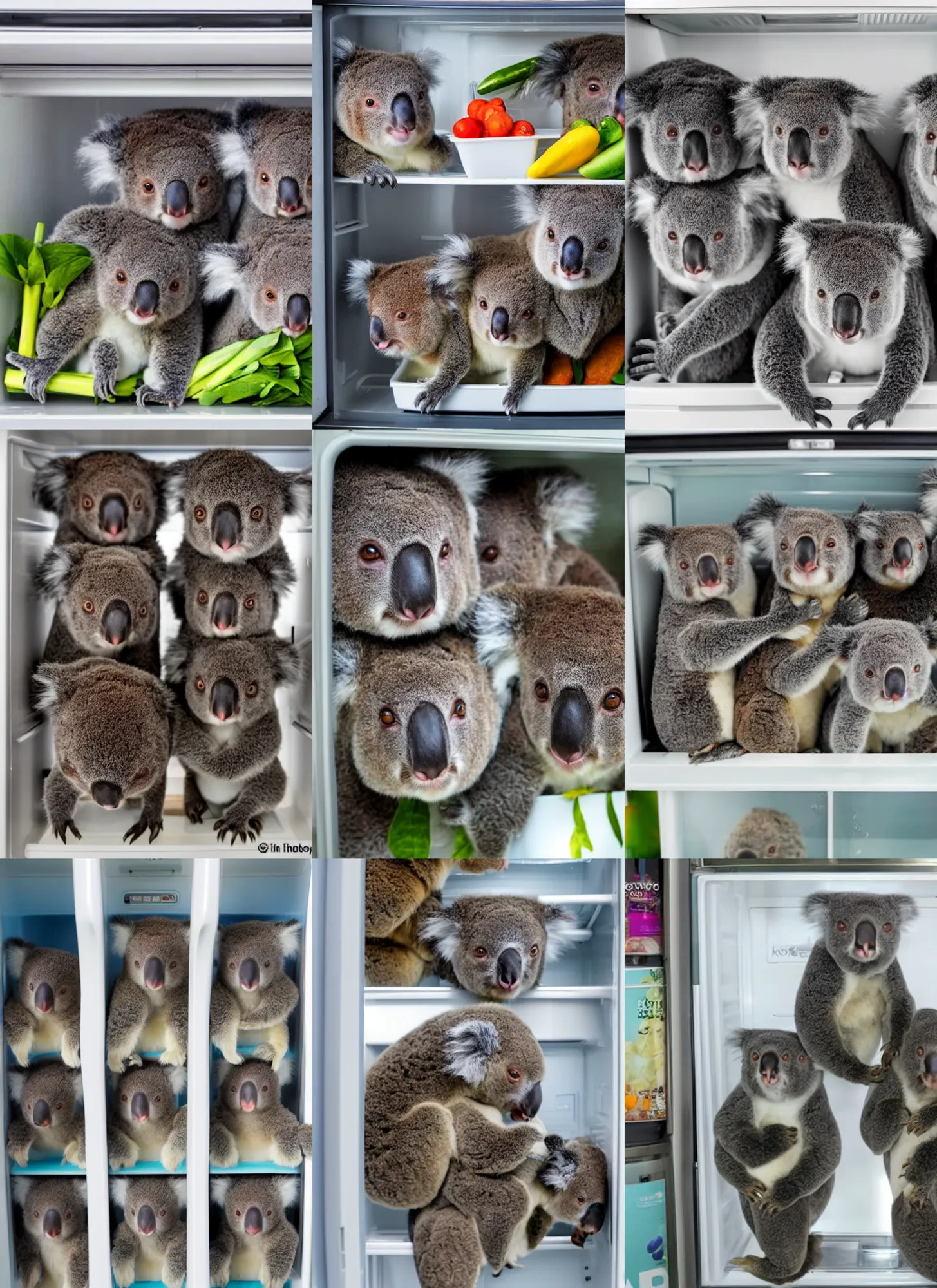Prompt: five koalas in a refrigerator, photo.