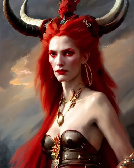 Image similar to painted close - up portrait of an attractive red - skinned intimidating demon queen with ram horns. oil painting, wearing a noblewoman's outfit, fantasy art by greg rutkowski and john singer sargent and gaston bussiere, demon noble character design