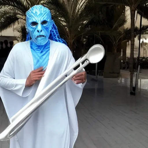 Prompt: a white walker llaying trombone in dubai