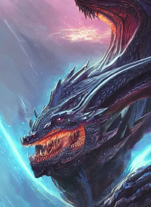 Image similar to close-up of dragon concept portrait of dangerous Viking Dragon conjuring a violent void multiversal aura, a floating iridescent lightning body from God of War in the center, intricate, elegant, luxurious, digital painting, concept art, smooth, sharp focus, from Star Trek 2021, illustration, by WLOP and Ruan Jia and Mandy Jurgens and William-Adolphe Bouguereau, Artgerm