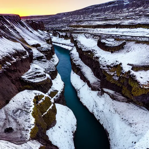 Image similar to a canyon in iceland with a frozen river at the bottom.