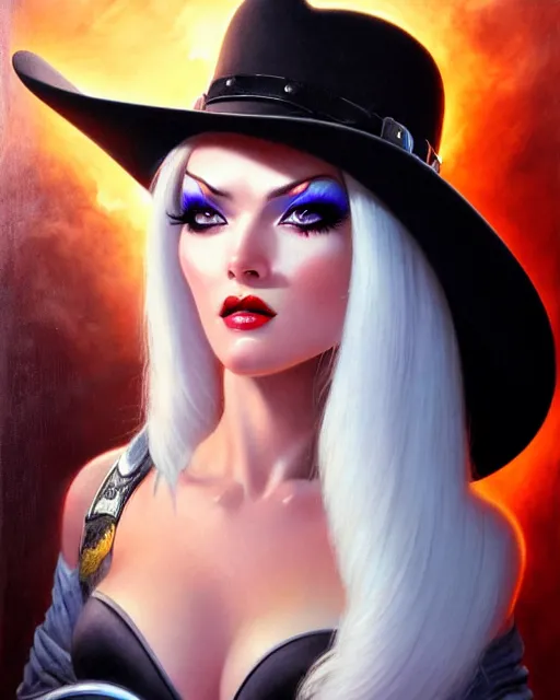 Image similar to ashe from overwatch, white hair, black cowboy hat, character portrait, portrait, close up, highly detailed, intricate detail, amazing detail, sharp focus, vintage fantasy art, vintage sci - fi art, radiant light, caustics, by boris vallejo