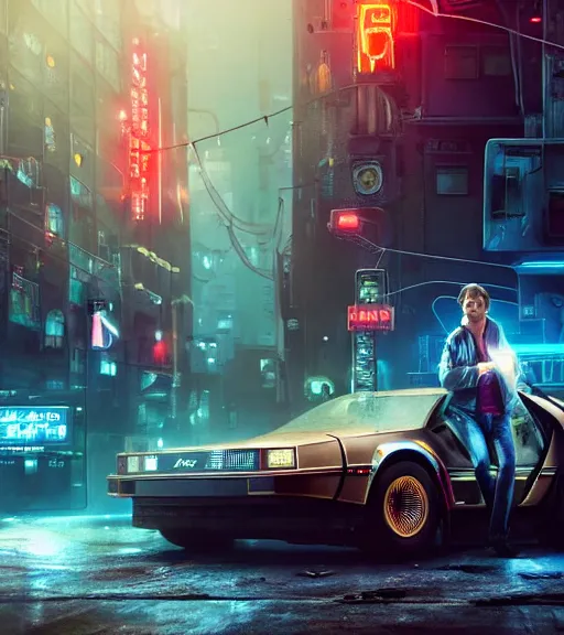 Prompt: marty mcfly standing besides a steampunk delorean in a cyberpunk city, neon signs, futuristic, realistic, 8 k, extremely detailed, cgi, trending on artstation, hyper - realistic render, 4 k hd wallpaper, premium prints available, by greg rutkowski, esuthio, craig mullins, dystopian scifi gear, gloomy