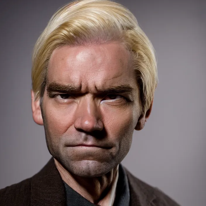 Prompt: portrait of old antony starr, slightly smiling. looking towards the camera, by brandon stanton. blonde hair. detailed, 4 k, morning hour.