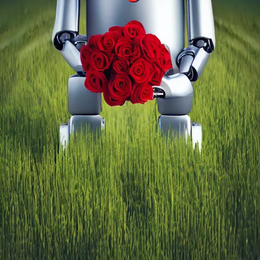 Prompt: 3D render of a Robot holding red roses while standing in grassy field, 8K, hyperrealistic