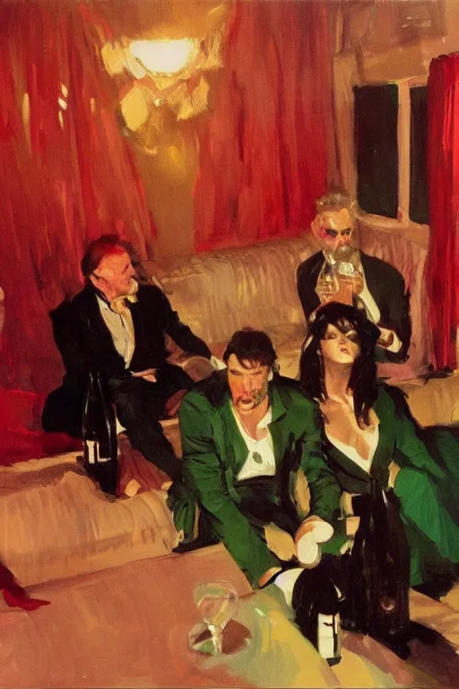 Image similar to glam rockers drinking wine, inside a tiny green room with red lights by joaquin sorolla, greg rutkowski, bill sienckiwicz, extremely detailed
