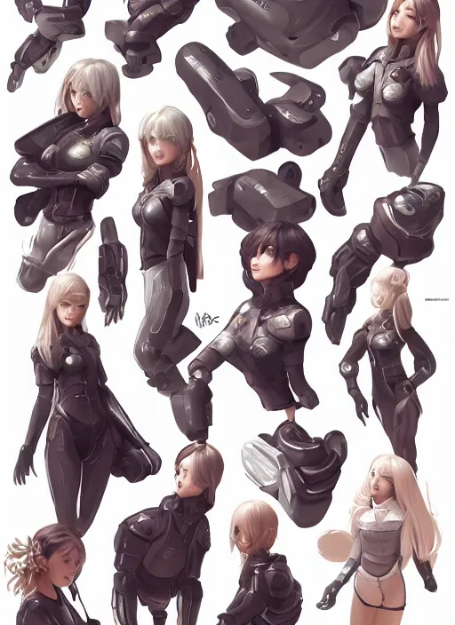 Image similar to detailed spot illustrations of various character concepts, perfect android girl, full body, artgem, scifi, futuristic design, bae, suzy, long white hair, various poses, concept art, trending on artstation