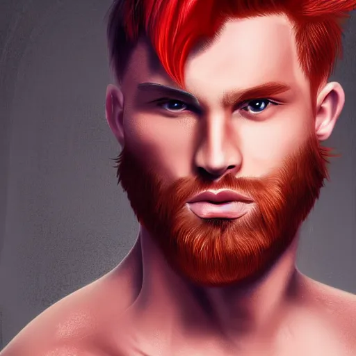 Prompt: professional digital art of a fit man with red hair and green cat - like eyes, popular, famous, attractive, high quality, highly detailed, hd, 4 k, 8 k,